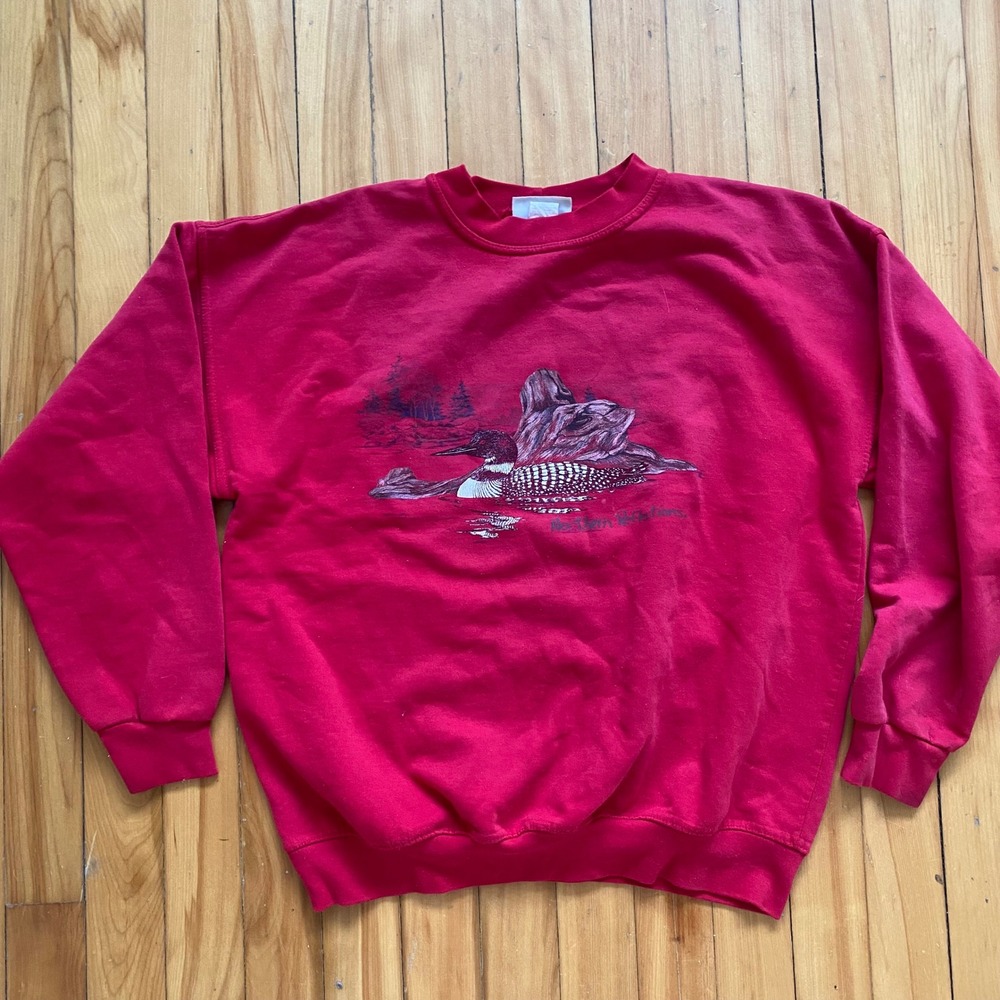 VTG Northern Reflections Red Sweatshirt Loon Nature Print Crewneck Medium